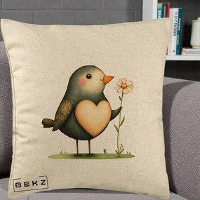 Perna Decorativa Pasare cu Inima si Margareta, 40x40 cm, Bej, Husa Detasabila, Perna Inclusa, BEKZ®