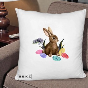 Perna Decorativa Iepuras cu Oua de Pasti Acuarela, 40x40 cm, Alb Pufos, Husa Detasabila, Perna Inclusa, BEKZ®