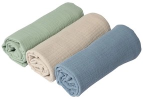 Set 3 paturici din muselina dubla moale 78x78 cm Kidizi Mint Blue, 100% bumbac