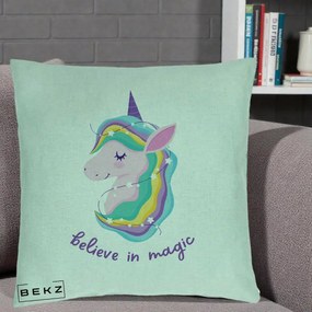 Perna Decorativa Unicorn Believe in Magic, 40x40 cm, Verde Menta, Husa Detasabila, Perna Inclusa, BEKZ®
