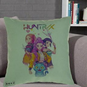 Perna Personalizata K-pop HUNTRX Trio Foto cu Pisica, 40x40 cm, Verde, Husa Detasabila, Perna Inclusa, BEKZ®