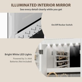 HOMCOM Dulap pentru Bijuterii Montabil pe Perete cu Oglindă Internă și LED-uri, Înălțime 120 cm, Economisire Spațiu, Sertare, Încuietoare și Cheie, Poliță Rabatabilă, Alb și Negru | Aosom Romania