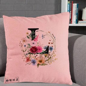 Cadou Personalizat - Perna Personalizata Monogram Litera L cu Flori Acuarela, 40x40 cm, Roz, Husa Detasabila, Perna Inclusa, BEKZ®
