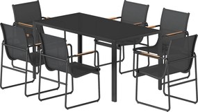 Outsunny Set Masă și Scaune de Grădină 7 Piese, Set Prânz Exterior cu Masă din Sticlă Temperată, 6 Scaune din Texteline Respirabil, Cotiere Decorative, Structură din Oțel pentru Terasă Balcon, Negru | Aosom Romania