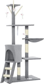 PawHut Ansamblu de joacă pentru pisici cu căsuță, stâlp de ascuțit gheare, platforme și 4 șoricei, 50x35x134.2 cm, gri | Aosom Romania