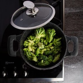 Set oale si tigai Royalty Line RL-ES1014M, Aluminiu turnat, 14 piese, Acoperire marmura, Negru