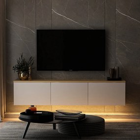 Comodă TV albă/în culoare naturală cu aspect de lemn de stejar 160x35x32 cm Neon – Kalune Design