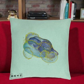 Perna Decorativa Abstract Acuarela Albastru-Mov cu Cercuri Aurii, 40x40 cm, Verde Menta, Husa Detasabila, Perna Inclusa, BEKZ®