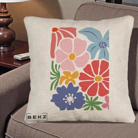 Perna Decorativa Flori Grafice Roz-Rosu-Albastru, 40x40 cm, Bej Canapea, Husa Detasabila, Perna Inclusa, BEKZ®