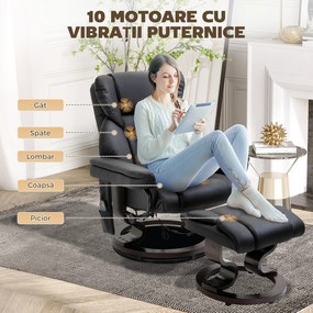 HOMCOM Scaun cu Puf Suport pentru Picioare și Funcție de Masaj, Reclinabil la 145° și Rotativ la 360°, Negru | Aosom Romania