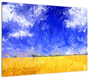 Tablou pe sticlă - Pictură în ulei, câmp auriu (70x50 cm)