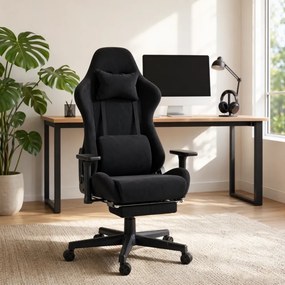 Scaun Gaming cu Masaj 7 Puncte și Încălzire, Telecomanda, Cotiere 3D, Reclinare 180°, Suport Picioare, Catifea, Negru