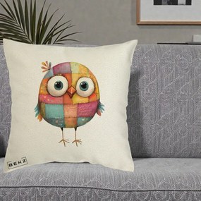 Perna Decorativa Pasare Patchwork Colorata, 40x40 cm, Ecru, Husa Detasabila, Perna Inclusa, BEKZ®