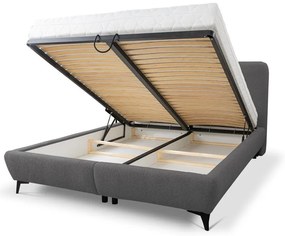 Pat matrimonial gri închis tapițat cu spațiu de depozitare cu somieră 160x200 cm Makapu – Makamii
