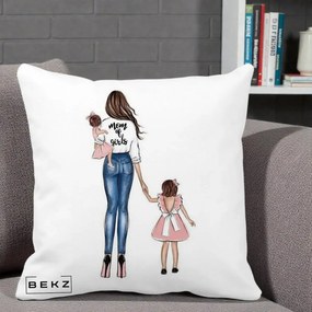 Cadou pentru Mama - Perna Personalizata Mom of Girls Mama cu Fetele, 40x40 cm, Alba Mata, Husa Detasabila, Perna Inclusa, BEKZ®
