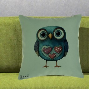 Perna Decorativa Bufnita Teal cu Doua Inimi, 40x40 cm, Verde, Husa Detasabila, Perna Inclusa, BEKZ®