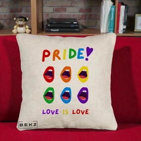 Perna Personalizata Pride Love is Love Curcubeu, 40x40 cm, Bej Canapea, Husa Detasabila, Perna Inclusa, BEKZ®