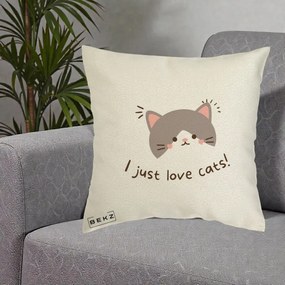 Perna Personalizata I Just Love Cats Pisica Kawaii, 40x40 cm, Ecru, Husa Detasabila, Perna Inclusa, BEKZ®