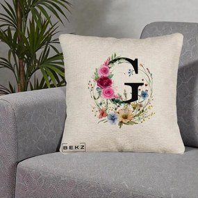 Cadou Personalizat - Perna Personalizata Monogram Litera G cu Flori Acuarela, 40x40 cm, Bej Canapea, Husa Detasabila, Perna Inclusa, BEKZ®