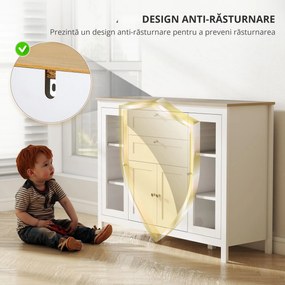 HOMCOM Comodă de Bucătărie, Mobilier de Bucătărie cu 2 Sertare, 3 Dulapuri, Blat de Lucru din Caucciuc, Bufet cu Uși din Sticlă, Rafturi Ajustabile, pentru Sufragerie, 120x40x90cm, Alb | Aosom Romania