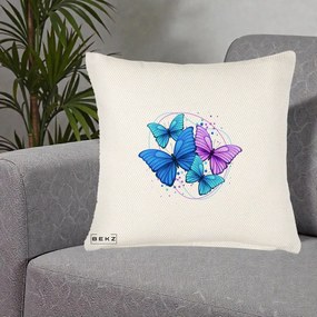 Perna Decorativa Patru Fluturi Turcoaz-Violet, 40x40 cm, Crem Reliefat, Husa Detasabila, Perna Inclusa, BEKZ®