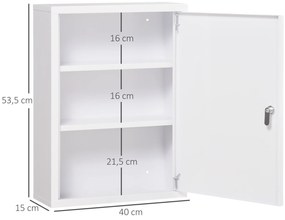 kleankin Dulap de medicamente, 3 rafturi, ușă blocabilă, carcasă de oțel stabilă, alb, 40 x 15 x 53,5 cm | Aosom Romania
