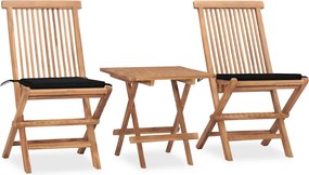 vidaXL Set mobilier exterior pliabil cu perne, 3 piese, lemn masiv tec