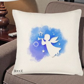 Perna Decorativa Inger cu Trompeta Albastru, 40x40 cm, Crem Reliefat, Husa Detasabila, Perna Inclusa, BEKZ®