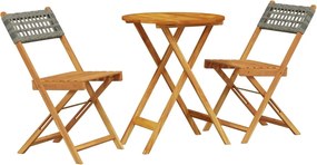 vidaXL Set bistro de grădină, 3 piese, gri, poliratan și lemn masiv