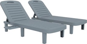Outsunny Set de 2 șezlonguri, scaun lung cu tăvi retractabile, înclinabil, suprafață cu efect de lemn 62 x 158 x 88 cm, gri | Aosom Romania