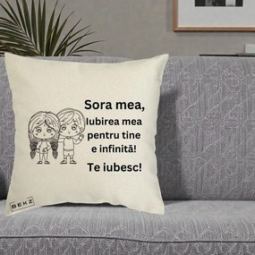 Cadou pentru Sora - Perna Personalizata Sora Mea Te Iubesc Copii Anime Line Art, 40x40 cm, Ecru, Husa Detasabila, Perna Inclusa, BEKZ®