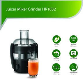Resigilat: Storcator de fructe Philips HR1832/00, 500 W, 1,5 l, QuickClean, Fara picurare, Negru