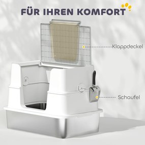 PawHut Toaletă pentru pisici, oțel inoxidabil, interior XL, cu lopată, gri deschis | Aosom Romania