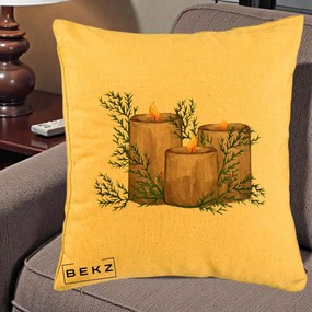 Perna Decorativa Lumanari Rustice cu Crengute Brad, 40x40 cm, Galben, Husa Detasabila, Perna Inclusa, BEKZ®