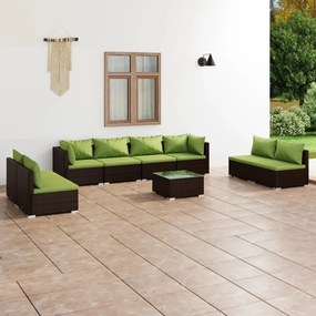 Set mobilier de gradina cu perne, 9 piese, maro, poliratan maro si verde, 2x colt + 6x mijloc + masa, 1