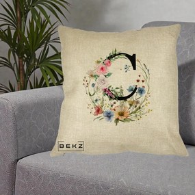 Cadou Personalizat - Perna Personalizata Monogram Litera C cu Flori Acuarela, 40x40 cm, Crem, Husa Detasabila, Perna Inclusa, BEKZ®