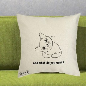 Perna Decorativa And What Do You Want Cat, 40x40 cm, Ecru, Husa Detasabila, Perna Inclusa, BEKZ®