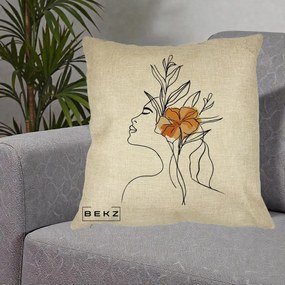 Perna Decorativa Portret Feminin Floare Portocalie Lateral, 40x40 cm, Crem, Husa Detasabila, Perna Inclusa, BEKZ®