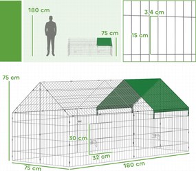 PawHut Cușcă pentru Iepuri și Găini de Exterior și Interior cu Protecție Solară și Grilaj Metalic, pentru Animale Mici, Rațe, Găini, 180x75x75 cm, Verde | Aosom Romania