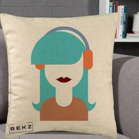 Perna Decorativa Fata cu Casti Muzica Grafic, 40x40 cm, Bej, Husa Detasabila, Perna Inclusa, BEKZ®