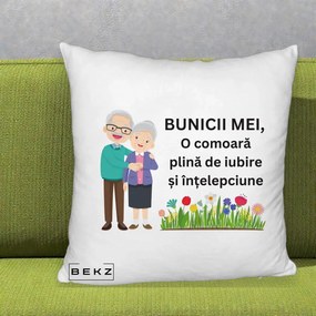 Cadou pentru Bunici - Perna Personalizata Bunicii Mei Comoara Cuplu Senior cu Flori Colorat, 40x40 cm, Alb Pufos, Husa Detasabila, Perna Inclusa, BEKZ®