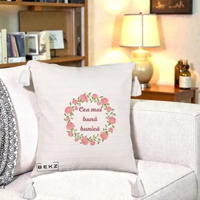 Cadou pentru Bunica - Perna Personalizata Cea Mai Buna Bunica Coronita Trandafiri Roz Clasic, 40x40 cm, Bej cu Franjuri, Husa Detasabila, Perna Inclusa, BEKZ®