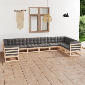 3077319 vidaXL Set mobilier grădină cu perne, 10 piese, lemn masiv de pin