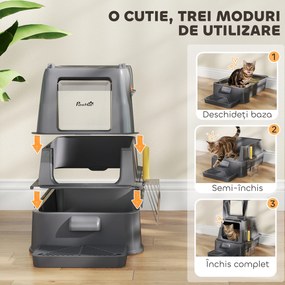 PawHut Litieră Închisă de 80L pentru Pisici cu Tavă Detașabilă, în ABS și Oțel Inoxidabil, 63x43x43 cm, Gri Închis | Aosom Romania