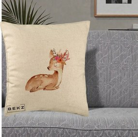 Perna Decorativa Caprioara cu Flori in Coama, 40x40 cm, Bej, Husa Detasabila, Perna Inclusa, BEKZ®