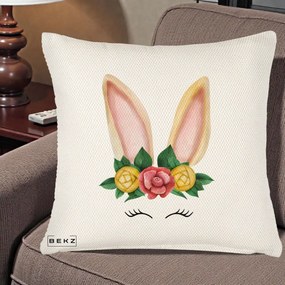 Perna Decorativa Iepuras Flori Urechi Pastelui, 40x40 cm, Crem Reliefat, Husa Detasabila, Perna Inclusa, BEKZ®