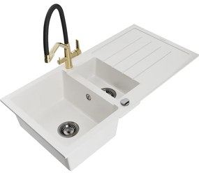 Mexen Andres chiuvetă de granit cu 1,5 compartimente cu scurgător și baterie de bucătărie Duo, alb - 6515-20-671701-57-B