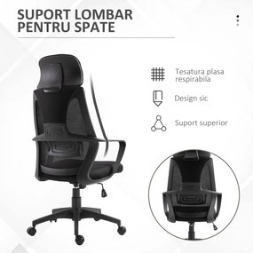 Vinsetto Scaun de Birou Ergonomic cu Brațe și Tetieră Reglabilă, Scaun Pivotant cu Suport Lombar, 64x55x116-126 cm, Negru | Aosom Romania