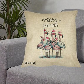 Perna Decorativa Flamingo Merry Christmas, 40x40 cm, Crem, Husa Detasabila, Perna Inclusa, BEKZ®