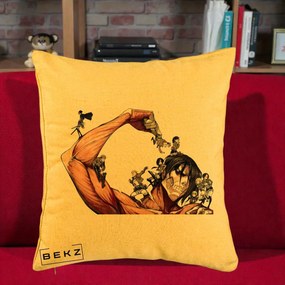 Perna Personalizata Attack on Titan Eren Titan Grup, 40x40 cm, Galben, Husa Detasabila, Perna Inclusa, BEKZ®